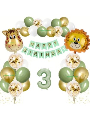 Düvenci Ticaret Safari Temalı Adaçayı Yeşili Rakam  Balon Set Aslan Zürafa Kafa Folyo