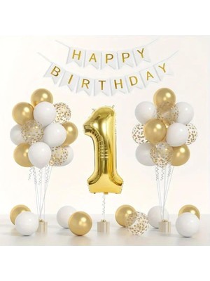 Konsept Sepeti Yaş Gold Balon Seti Krom Gold Konfetili Beyaz Balon Happy Birthday Banner (Balon Bandı Hediyeli)