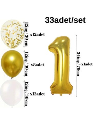 Konsept Sepeti Yaş Gold Balon Seti Krom Gold Konfetili Beyaz Balon Happy Birthday Banner (Balon Bandı Hediyeli)