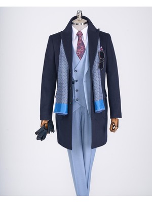 Italyan Stil Slim Fit Sivri Yaka Yün Karışımlı Kaşe Erkek Kaban Lacivert T13364