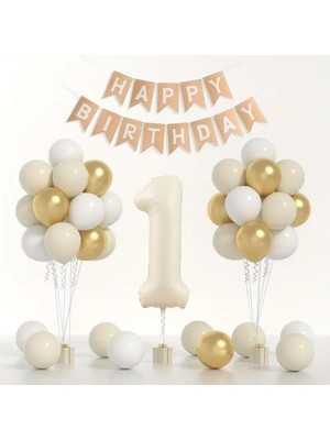 Konsept Sepeti Yaş Retro Krem Balon Seti Krom Gold Deniz Kumu Beyaz Happy Birthday Banner (Balon Bandı Hediyeli)