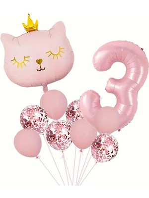 Konsept Sepeti Yaş Doğum Günü Parti Seti Pembe Yaş Balon Kedi ve Konfetili Folyo Balon Parti Seti