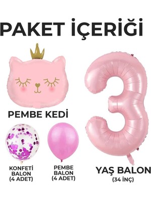 Konsept Sepeti Yaş Doğum Günü Parti Seti Pembe Yaş Balon Kedi ve Konfetili Folyo Balon Parti Seti