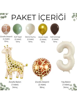 Konsept Sepeti 3 Yaş Safari Zürafa Desenli Doğum Günü Küf Yeşili Deniz Kumu Krom Gold Kahverengi Balon Parti Seti