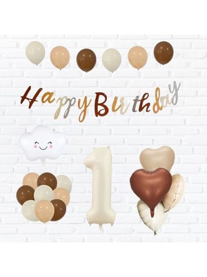 Konsept Sepeti 1 Yaş Doğum Günü Retro Happy Birthday Banner Bulut Folyo Balon Kalp Bej Balon Parti Seti