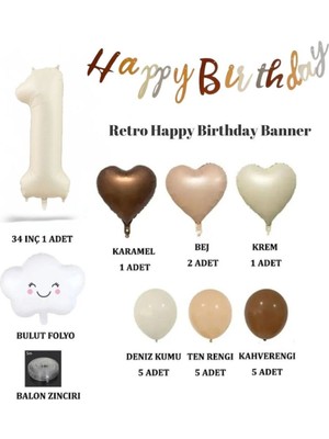 Konsept Sepeti 1 Yaş Doğum Günü Retro Happy Birthday Banner Bulut Folyo Balon Kalp Bej Balon Parti Seti