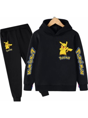 Kids Face Özel Tasarım Kapüşonlu Pokemon Baskılı Şardonlu Kışlık Trend Erkek Çocuk Eşofmantakımı