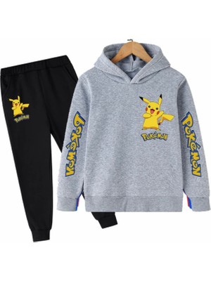 Kids Face Özel Tasarım Kapüşonlu Pokemon Baskılı Şardonlu Kışlık Trend Erkek Çocuk Eşofman Takımı
