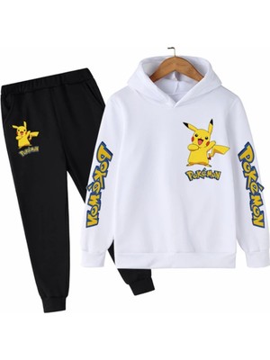 Kids Face Özel Tasarım Kapüşonlu Pokemon Baskılı Şardonlu Kışlık Erkek Çocuk Trend Eşofman Takımı