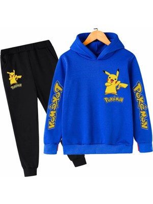 Kids Face Özel Tasarım Kapüşonlu Pokemon Baskılı Şardonlu Kışlık Erkek Çocuk Trend Eşofman Takımı