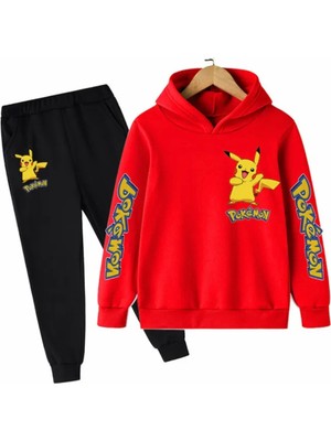 Kids Face Özel Tasarım Kapüşonlu Pokemon Baskılı Şardonlu Kışlık Erkek Çocuk Trend Eşofman Takımı