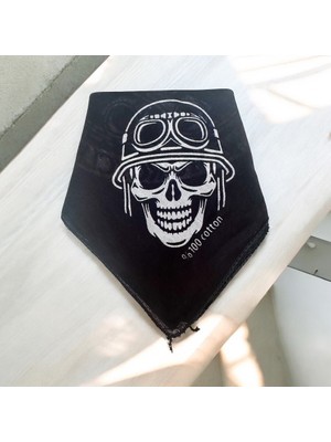 Als Accessories Siyah Renk Kurukafa ve Motorcycle Yazılı %100 Koton Bandana