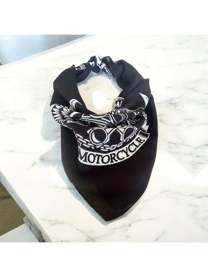 Als Accessories Siyah Renk Kurukafa ve Motorcycle Yazılı %100 Koton Bandana