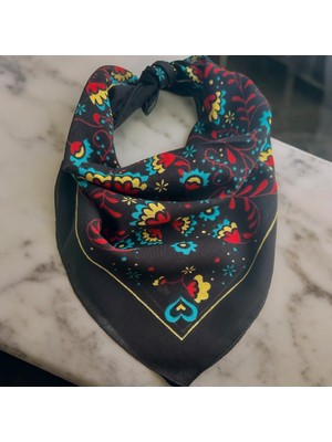 Als Accessories Kadın Siyah Renk Renkli Çiçek Desenli %100 Koton Bandana, Saç Bandı