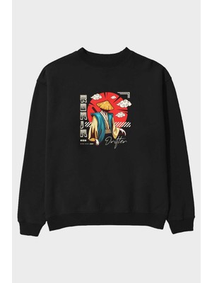 Ankhises Ronin Ön Baskılı Siyah Oversize Sweatshirt Erkek Kadın Bisiklet Yaka