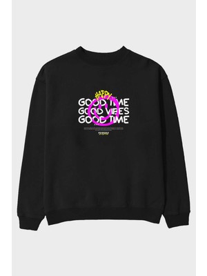 Ankhises Happy Good Time Yazılı Ön Baskılı Siyah Oversize Sweatshirt Erkek Kadın Bisiklet Yaka