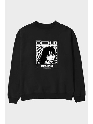 Ankhises Cold Vision Ön Baskılı Siyah Oversize Sweatshirt Erkek Kadın Bisiklet Yaka