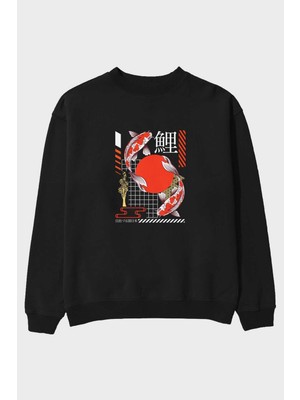 Ankhises Japanese Streetwear Ön Baskılı Siyah Oversize Sweatshirt Erkek Kadın Bisiklet Yaka
