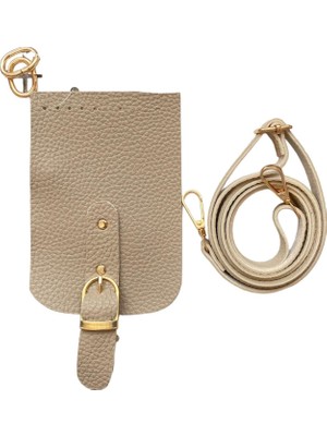Yumakça Kapaklı Telefon Çantası Aksesuarları Seti 10*15 cm Taş Renk Altın Kancalı