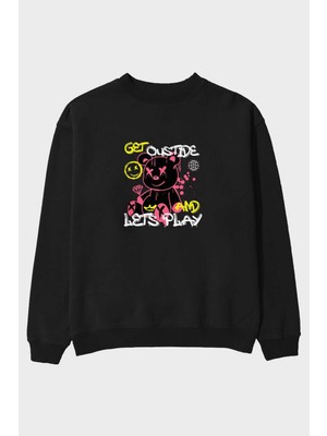 Ankhises Get Outside Bear Ön Baskılı Siyah Oversize Sweatshirt Erkek Kadın Bisiklet Yaka
