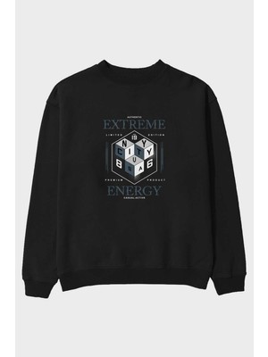 Ankhises Extreme Energy Ön Baskılı Siyah Oversize Sweatshirt Erkek Kadın Bisiklet Yaka