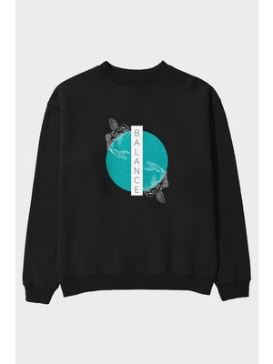 Ankhises Balance 2 Yazılı Ön Baskılı Siyah Oversize Sweatshirt Erkek Kadın Bisiklet Yaka
