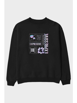Ankhises Expressive Streetwear Ön Baskılı Siyah Oversize Sweatshirt Erkek Kadın Bisiklet Yaka