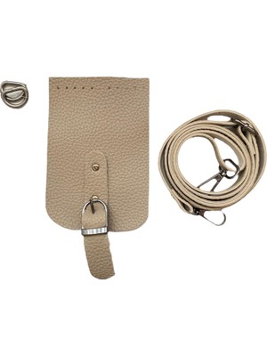 Yumakça Kapaklı Telefon Çantası Aksesuarları Seti 10*15 cm Taş Renk Gümüş Kancalı