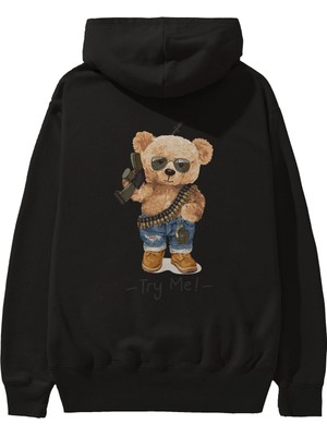 Ankhises Teddy Bear Try Me Arka Baskılı Siyah Oversize Kapüşonlu Sweatshirt Erkek Kadın