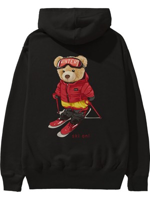 Ankhises Teddy Bear Ski On Arka Baskılı Siyah Oversize Kapüşonlu Sweatshirt Erkek Kadın