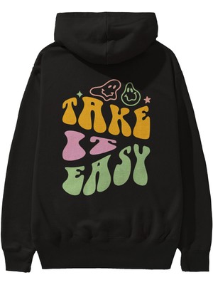 Ankhises Take It Easy Yazılı Arka Baskılı Siyah Oversize Kapüşonlu Sweatshirt Erkek Kadın