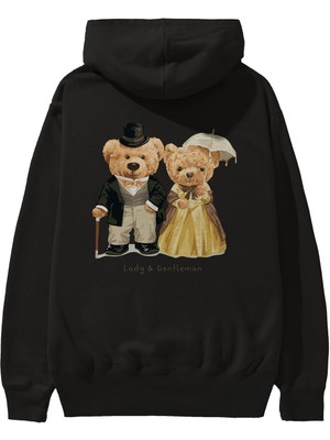 Ankhises Teddy Bear Couple Arka Baskılı Siyah Oversize Kapüşonlu Sweatshirt Erkek Kadın