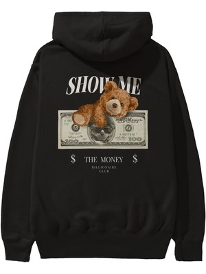 Ankhises Teddy Bear The Money Arka Baskılı Siyah Oversize Kapüşonlu Sweatshirt Erkek Kadın