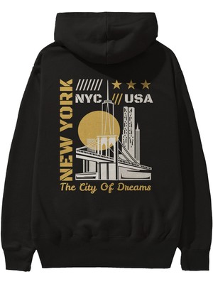 Ankhises New York Arka Baskılı Siyah Oversize Kapüşonlu Sweatshirt Erkek Kadın