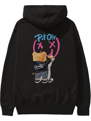 Ankhises Put On Smile Bear Arka Baskılı Siyah Oversize Kapüşonlu Sweatshirt Erkek Kadın