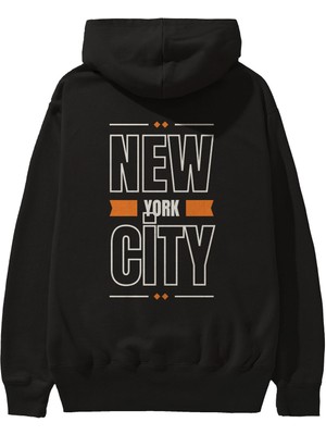 Ankhises New York City Yazılı Arka Baskılı Siyah Oversize Kapüşonlu Sweatshirt Erkek Kadın