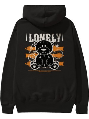 Ankhises Teddy Bear Lonely Arka Baskılı Siyah Oversize Kapüşonlu Sweatshirt Erkek Kadın