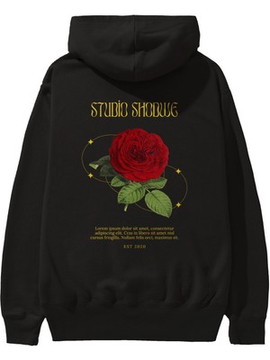 Ankhises Studio Shodwe Rose Arka Baskılı Siyah Oversize Kapüşonlu Sweatshirt Erkek Kadın