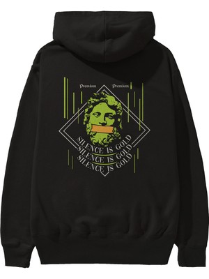 Ankhises Silence Is Gold Arka Baskılı Siyah Oversize Kapüşonlu Sweatshirt Erkek Kadın