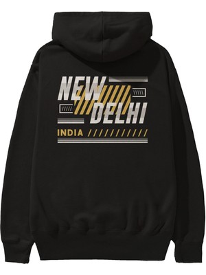 Ankhises New Delhi Arka Baskılı Siyah Oversize Kapüşonlu Sweatshirt Erkek Kadın