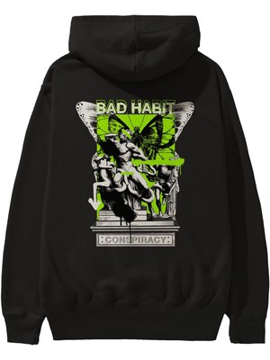 Ankhises Bad Habit Arka Baskılı Siyah Oversize Kapüşonlu Sweatshirt Erkek Kadın