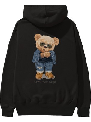 Ankhises Teddy Bear Born With Style Arka Baskılı Siyah Oversize Kapüşonlu Sweatshirt Erkek Kadın