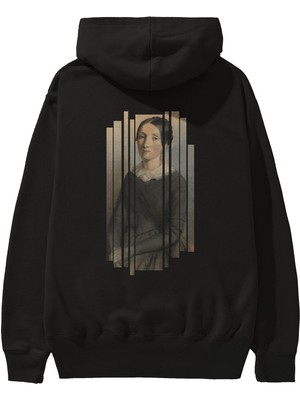 Ankhises Retro Portre Arka Baskılı Siyah Oversize Kapüşonlu Sweatshirt Erkek Kadın