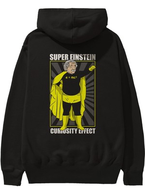 Ankhises Super Einsten Arka Baskılı Siyah Oversize Kapüşonlu Sweatshirt Erkek Kadın