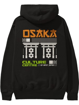Ankhises Osaka Culture Centre Japan Arka Baskılı Siyah Oversize Kapüşonlu Sweatshirt Erkek Kadın