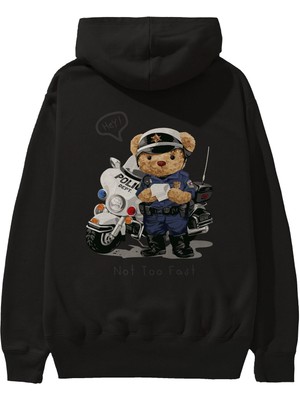 Ankhises Teddy Bear Not Too Fast Arka Baskılı Siyah Oversize Kapüşonlu Sweatshirt Erkek Kadın