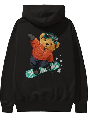 Ankhises Teddy Bear Jump High Arka Baskılı Siyah Oversize Kapüşonlu Sweatshirt Erkek Kadın