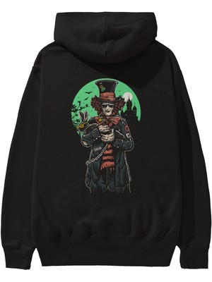Ankhises Mad Hatter Arka Baskılı Siyah Oversize Kapüşonlu Sweatshirt Erkek Kadın