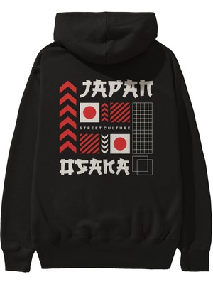 Ankhises Japan Osaka Arka Baskılı Siyah Oversize Kapüşonlu Sweatshirt Erkek Kadın