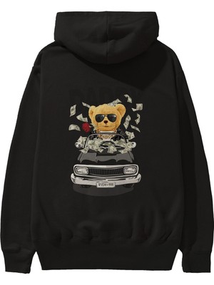 Ankhises Teddy Bear Daddy Arka Baskılı Siyah Oversize Kapüşonlu Sweatshirt Erkek Kadın